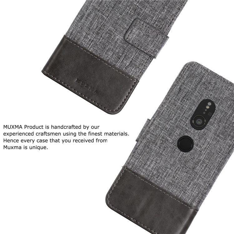 MUXMA PU Leather Canvas Splicing Wallet Stand Cover for Sony Xperia XZ2 - Grey