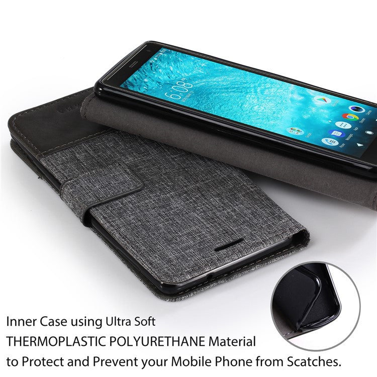 MUXMA PU Leather Canvas Splicing Wallet Stand Cover for Sony Xperia XZ2 - Grey
