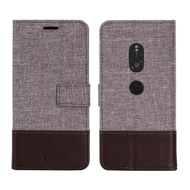 MUXMA PU Leather Canvas Splicing Wallet Stand Shell Case for Sony Xperia XZ2 - Brown