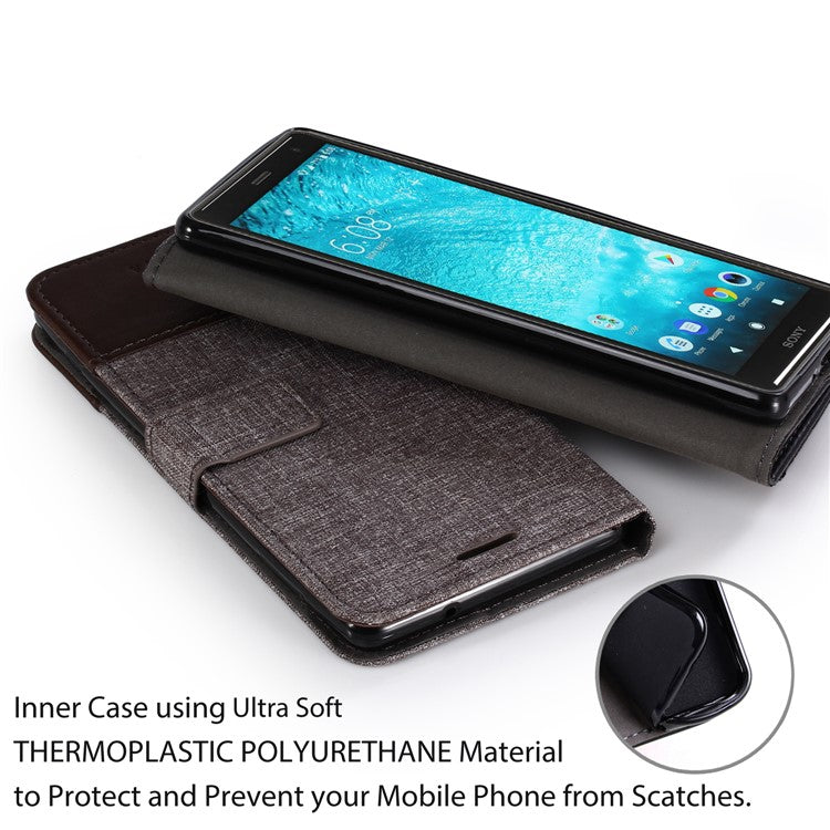MUXMA PU Leather Canvas Splicing Wallet Stand Shell Case for Sony Xperia XZ2 - Brown