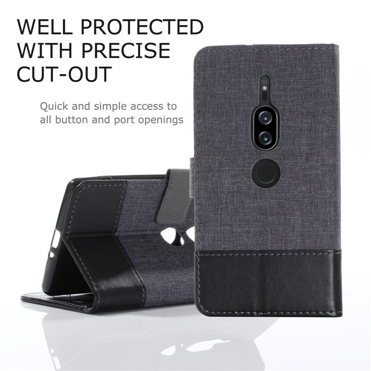 MUXMA PU Leather Canvas Splicing Wallet Stand Case for Sony Xperia XZ2 Premium - Black