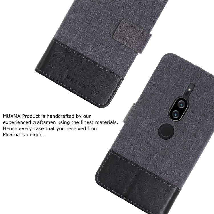 MUXMA PU Leather Canvas Splicing Wallet Stand Case for Sony Xperia XZ2 Premium - Black