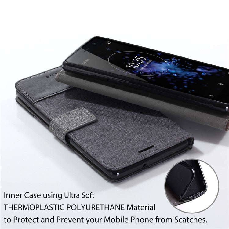 MUXMA PU Leather Canvas Splicing Wallet Stand Case for Sony Xperia XZ2 Premium - Black