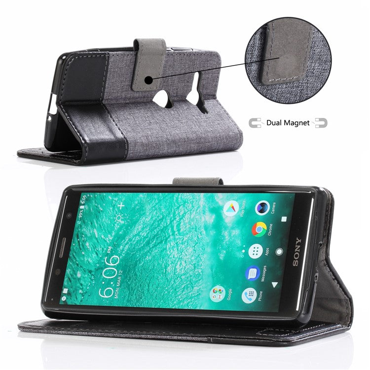 MUXMA for Sony Xperia XZ2 Compact Splicing PU Leather Canvas Wallet Stand Shell - Black