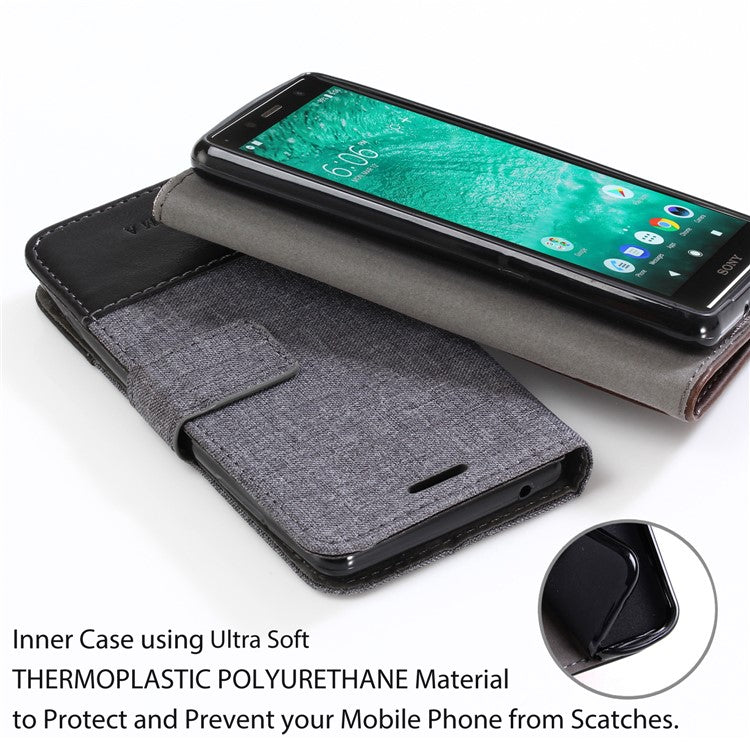 MUXMA for Sony Xperia XZ2 Compact Splicing PU Leather Canvas Wallet Stand Shell - Black