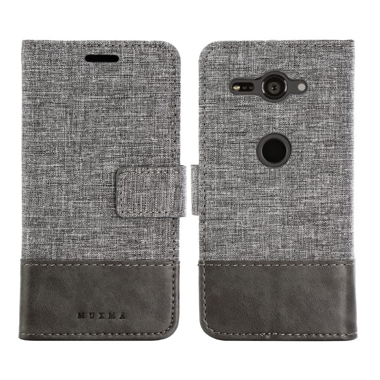 MUXMA for Sony Xperia XZ2 Compact Splicing PU Leather Canvas Wallet Stand Case - Grey