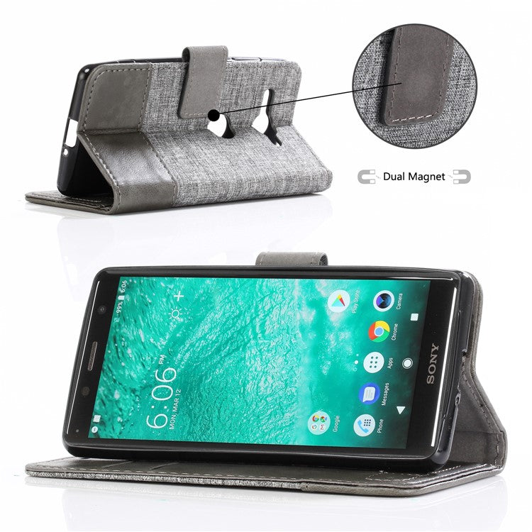 MUXMA for Sony Xperia XZ2 Compact Splicing PU Leather Canvas Wallet Stand Case - Grey
