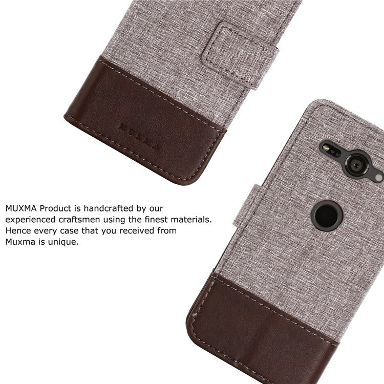 MUXMA for Sony Xperia XZ2 Compact Splicing PU Leather Canvas Wallet Stand Cover - Brown