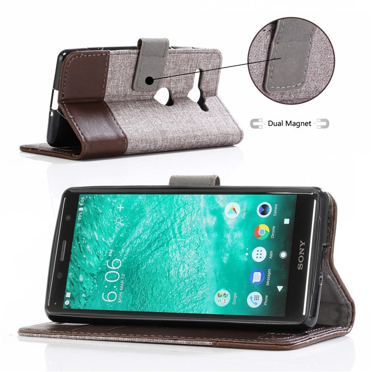 MUXMA for Sony Xperia XZ2 Compact Splicing PU Leather Canvas Wallet Stand Cover - Brown