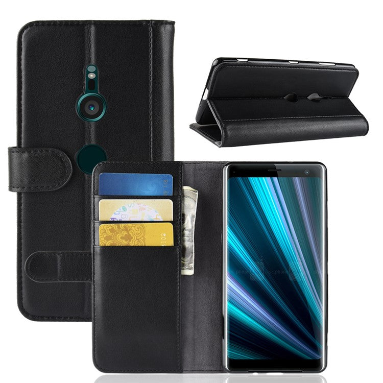 Split Leather Stand Mobile Phone Cover with Card Holders for Sony Xperia XZ3 - Black