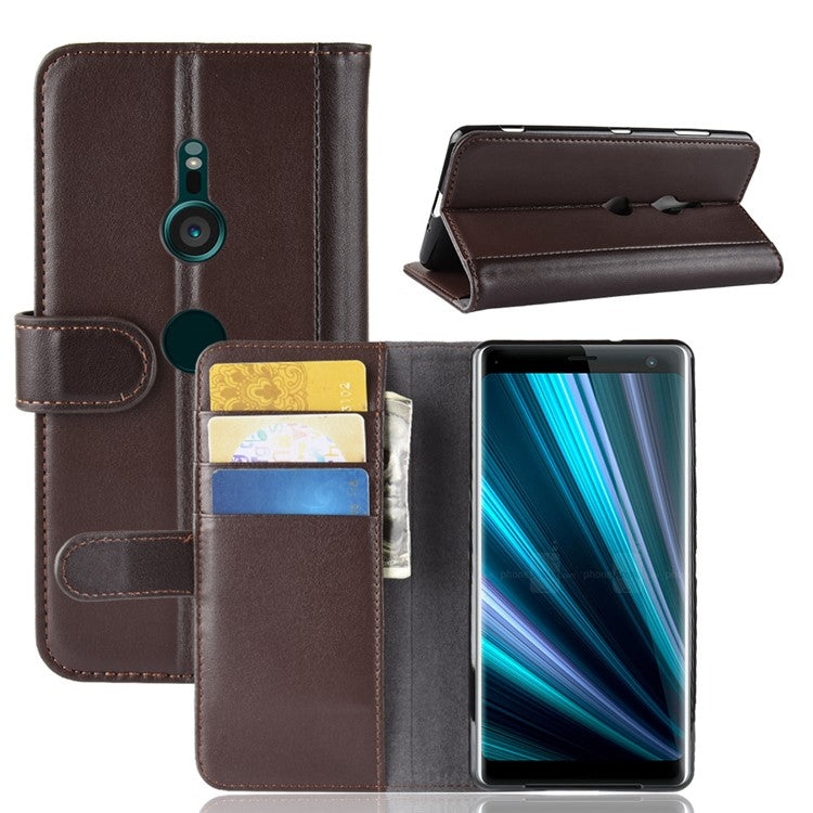 Split Leather Stand Mobile Phone Cover with Card Holders for Sony Xperia XZ3 - Brown