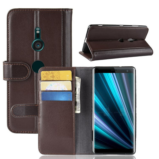 Split Leather Stand Mobile Phone Cover with Card Holders for Sony Xperia XZ3 - Brown