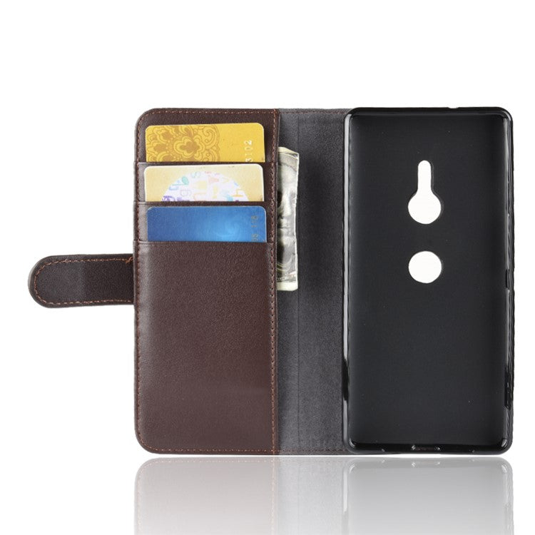 Split Leather Stand Mobile Phone Cover with Card Holders for Sony Xperia XZ3 - Brown