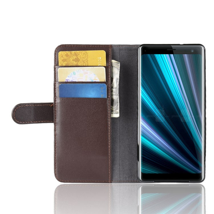 Split Leather Stand Mobile Phone Cover with Card Holders for Sony Xperia XZ3 - Brown