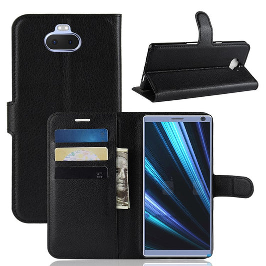 Litchi Skin PU Leather Magnetic Wallet Stand Case for Sony Xperia 10 - Black