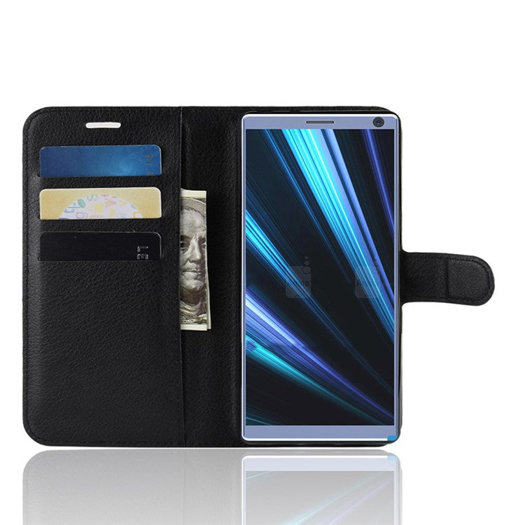 Litchi Skin PU Leather Magnetic Wallet Stand Case for Sony Xperia 10 - Black