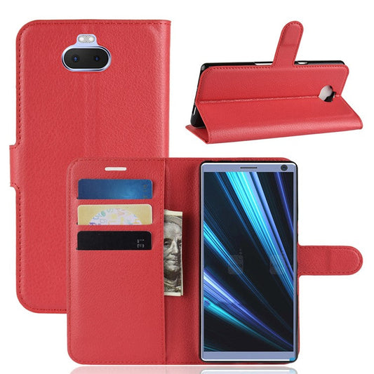 Litchi Skin PU Leather Magnetic Wallet Stand Shell for Sony Xperia 10 - Red