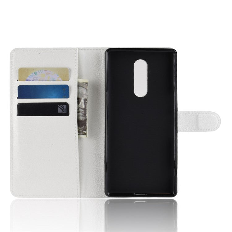 Litchi Skin PU Leather Magnetic Wallet Stand Cover for Sony Xperia 1 - White