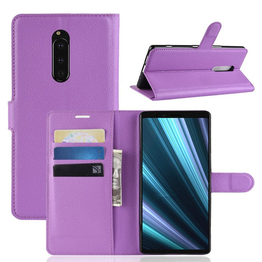 Litchi Skin PU Leather Magnetic Wallet Stand Protective Cover for Sony Xperia 1 - Purple