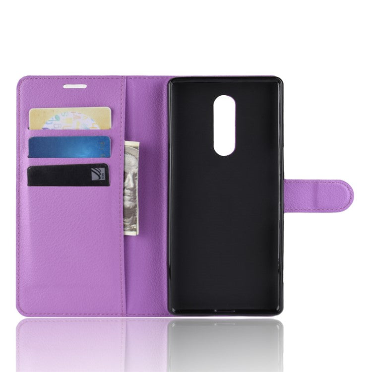 Litchi Skin PU Leather Magnetic Wallet Stand Protective Cover for Sony Xperia 1 - Purple