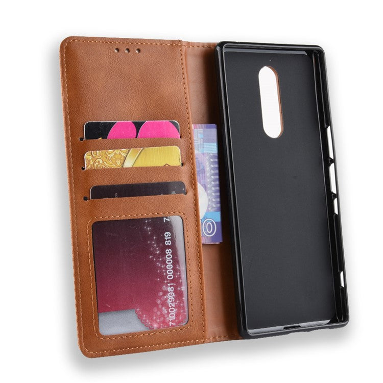 Vintage Style Leather Wallet Case for Sony Xperia 1 - Brown