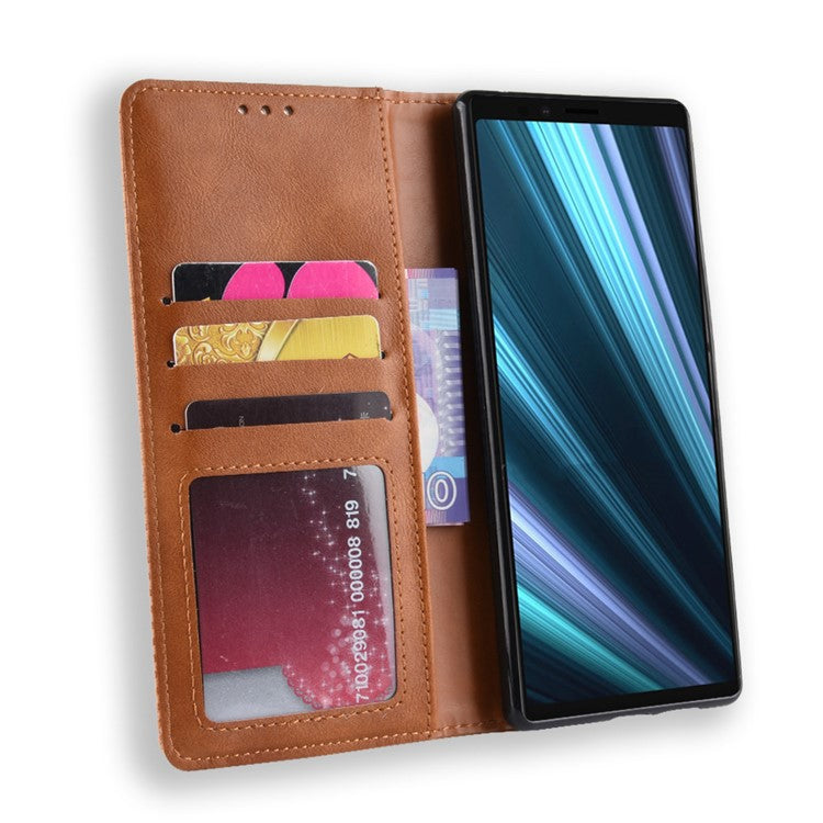 Vintage Style Leather Wallet Case for Sony Xperia 1 - Brown