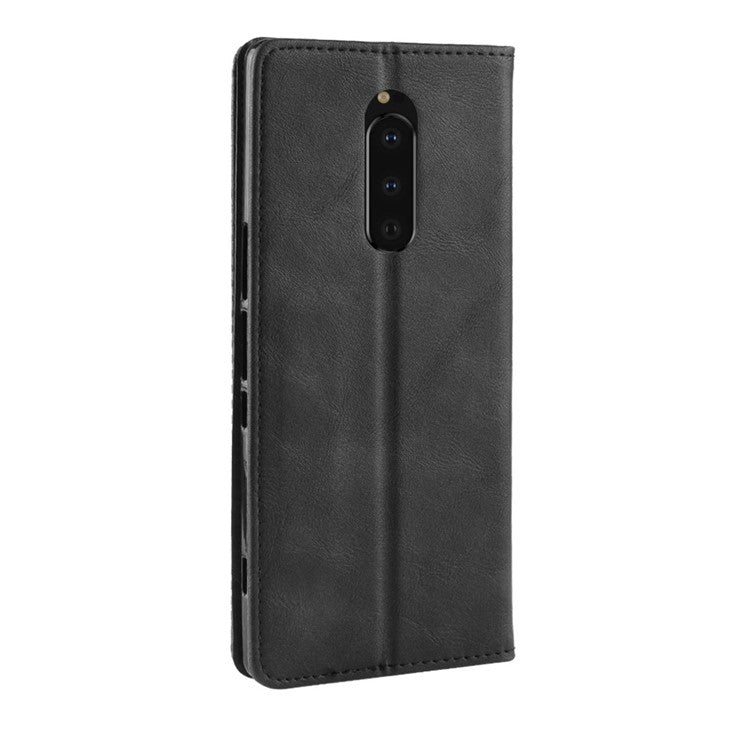 Vintage Style Leather Wallet Cover for Sony Xperia 1 - Black