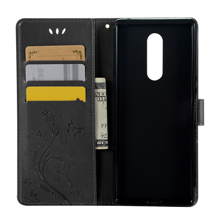 Imprint Butterfly Flower Leather Wallet Case for Sony Xperia 1 - Black