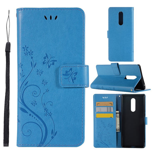 Imprint Butterfly Flower Magnetic Leather Wallet Case for Sony Xperia 1 - Blue