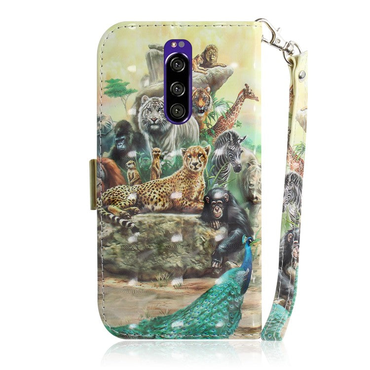 Light Spot Decor Pattern Printing PU Leather Stand Wallet Cover for Sony Xperia 1 - Animals Getting Together