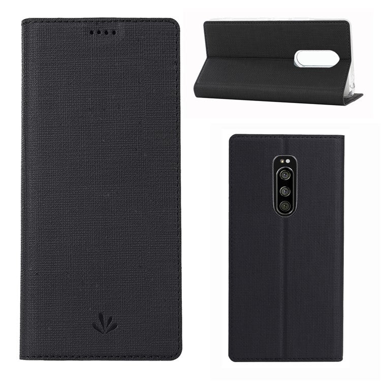 VILI DMX Cross Texture Stand Leather Phone Case for Sony Xperia 1 - Black