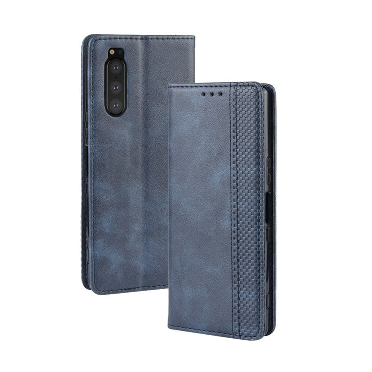 Auto-absorbed Retro Style Wallet Stand Leather Phone Cover for Sony Xperia 5 - Blue