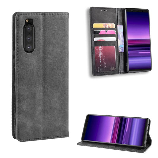 Auto-absorbed Retro Style Wallet Stand Leather Phone Cover for Sony Xperia 5 - Grey