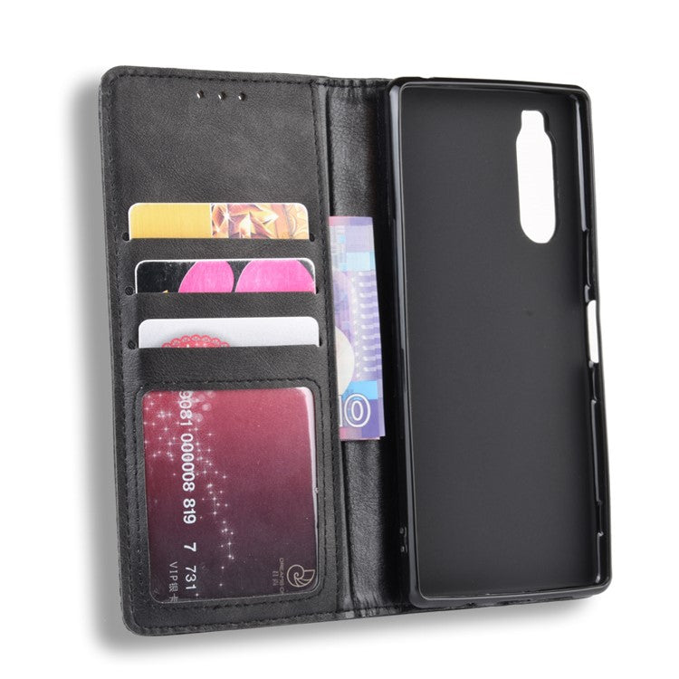 Auto-absorbed Retro Style Wallet Stand Leather Phone Cover for Sony Xperia 5 - Grey