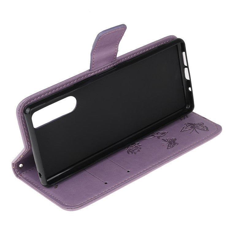 Imprint Butterfly Flower Leather Wallet Stand Case for Sony Xperia 5 - Light Purple