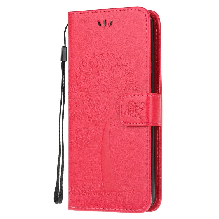 Imprint Tree Owl Leather Wallet Case for Sony Xperia 5 - Red