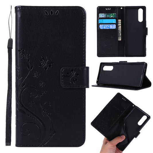 Imprint Butterflies Wallet Stand Flip Leather Case for Sony Xperia 5 - Black