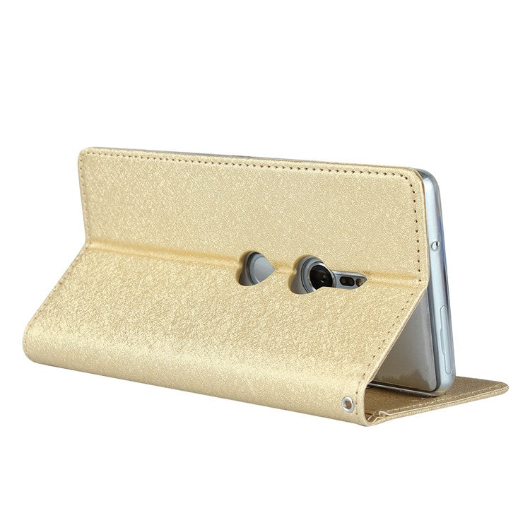 Silk Texture Leather Wallet Stand Phone Case Cover for Sony Xperia XZ2 - Gold