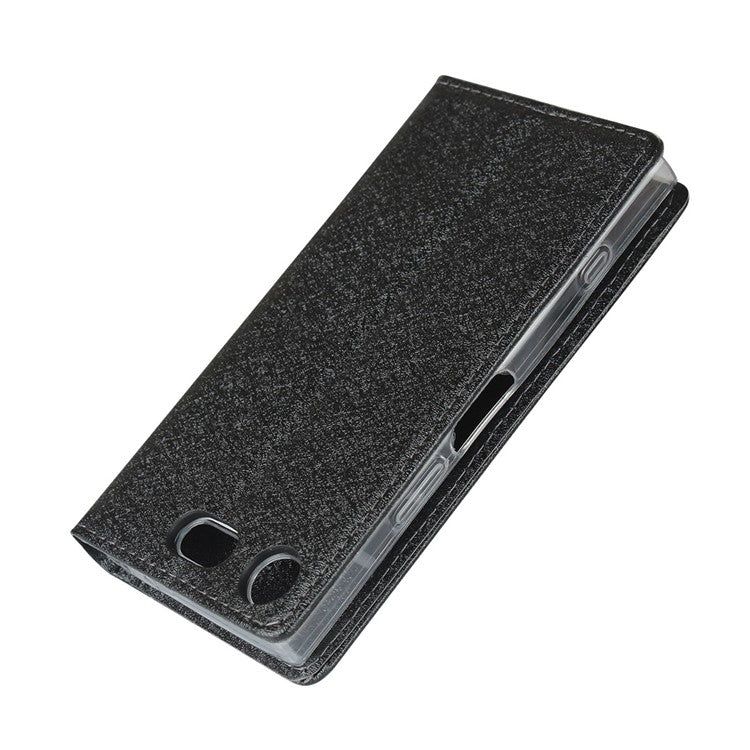Silk Texture Wallet Stand Mobile Phone Leather Case Cover for Sony Xperia XZ1 Compact - Black