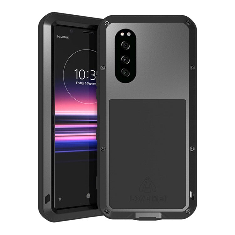 LOVE MEI Tempered Glass + Metal + Silicone Drop-proof Shockproof Dustproof Phone Case for Sony Xperia 5 - Black