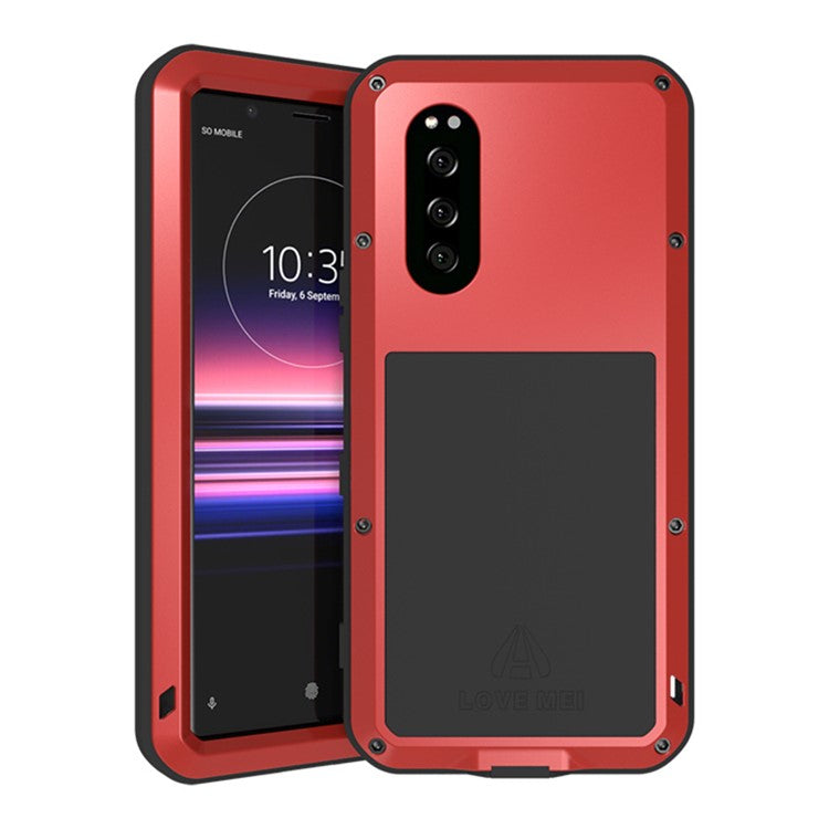 LOVE MEI Tempered Glass + Metal + Silicone Drop-proof Shockproof Dustproof Phone Case for Sony Xperia 5 - Red