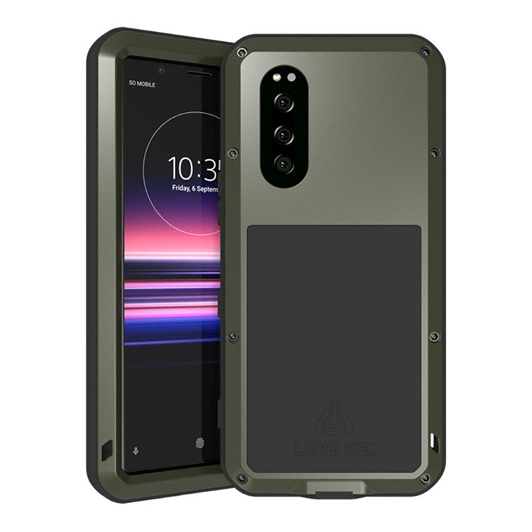 LOVE MEI Tempered Glass + Metal + Silicone Drop-proof Shockproof Dustproof Phone Case for Sony Xperia 5 - Army Green