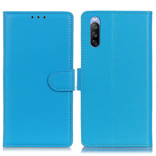 For Sony Xperia 10 II Phone Wallet Case Litchi Texture Leather Shockproof Phone Protector with Card Slots - Blue