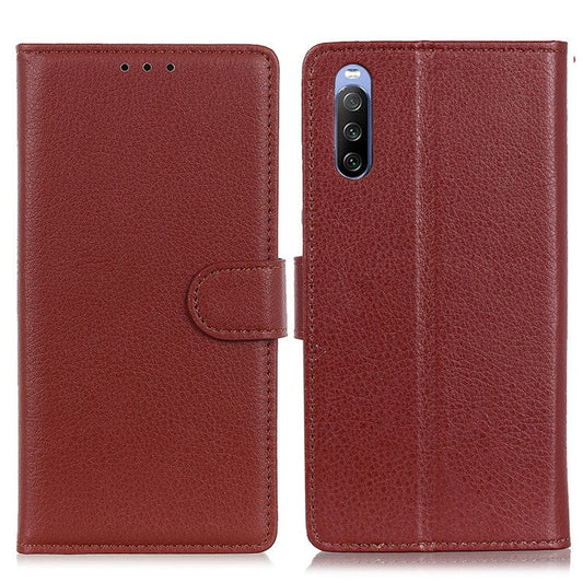 For Sony Xperia 10 II Phone Wallet Case Litchi Texture Leather Shockproof Phone Protector with Card Slots - Brown