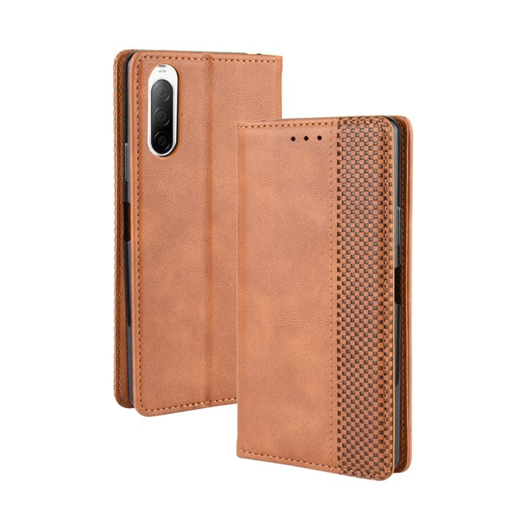 Magnetic Snap Vintage Style Leather Shell Wallet Stand Case for Sony Xperia 10 II - Brown