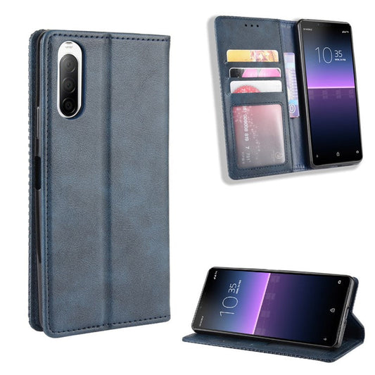Magnetic Snap Vintage Style Leather Shell Wallet Stand Case for Sony Xperia 10 II - Blue