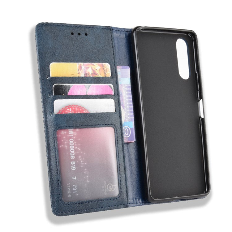 Magnetic Snap Vintage Style Leather Shell Wallet Stand Case for Sony Xperia 10 II - Blue