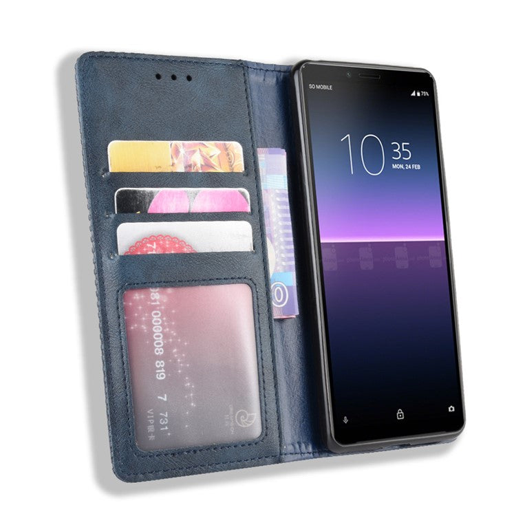 Magnetic Snap Vintage Style Leather Shell Wallet Stand Case for Sony Xperia 10 II - Blue