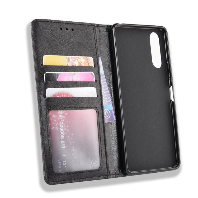 Magnetic Snap Vintage Style Leather Shell Wallet Stand Case for Sony Xperia 10 II - Black