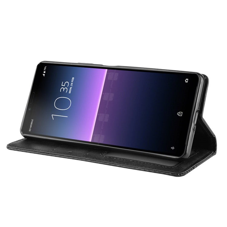 Magnetic Snap Vintage Style Leather Shell Wallet Stand Case for Sony Xperia 10 II - Black
